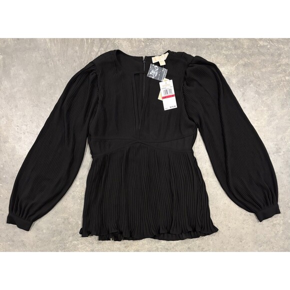 NWT Michael Kors Pleated Top Blouse Puff Sleeves Keyhole Neck Women’s XS Black - Picture 1 of 7